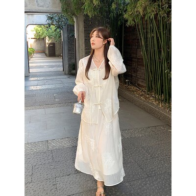 NAZ那子大码秋季新款新中式重工复古国风吊带裙胖mm衬衫气质套装