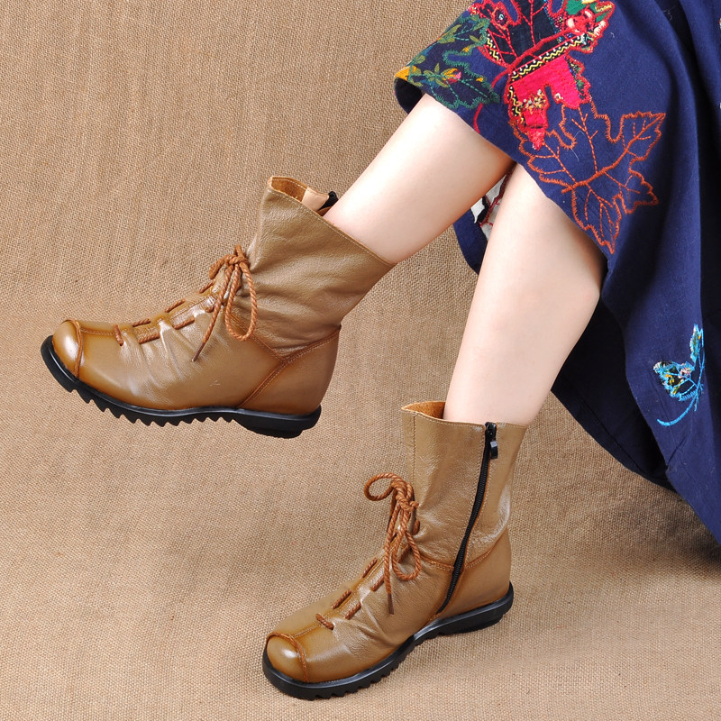 冬季棉鞋真皮舒适防滑中筒靴中老年妈妈短靴复古民族风牛皮女单靴,女鞋,时装靴,淘宝优惠券,粉丝福利购,淘宝优惠卷