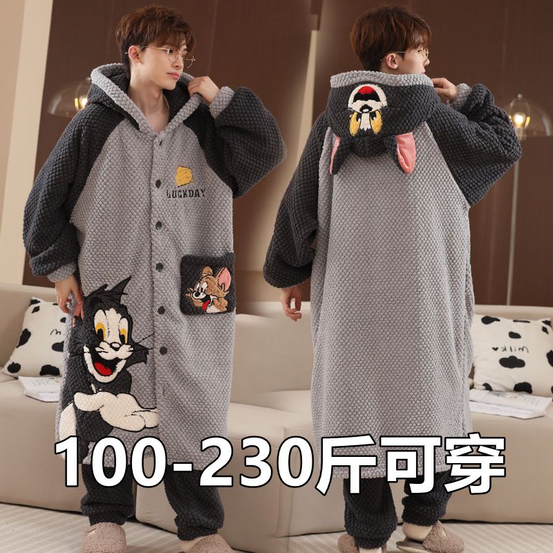 2023新款睡袍珊瑚绒男士睡衣秋冬季加厚加绒法兰绒家居服宽松套装