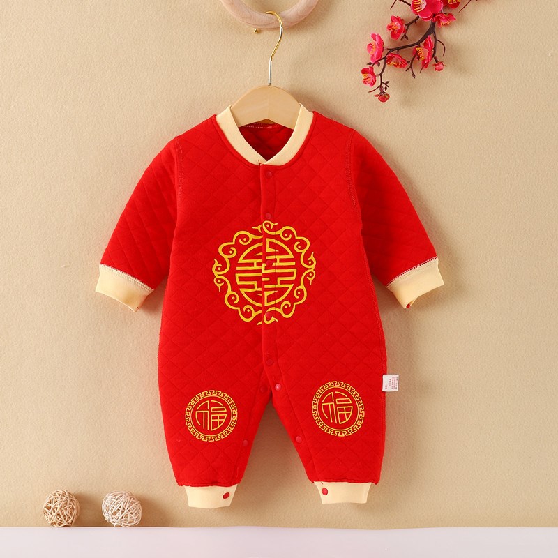 新生婴儿童加厚保暖红色连体衣服春秋冬季款男女宝宝满月百天爬服