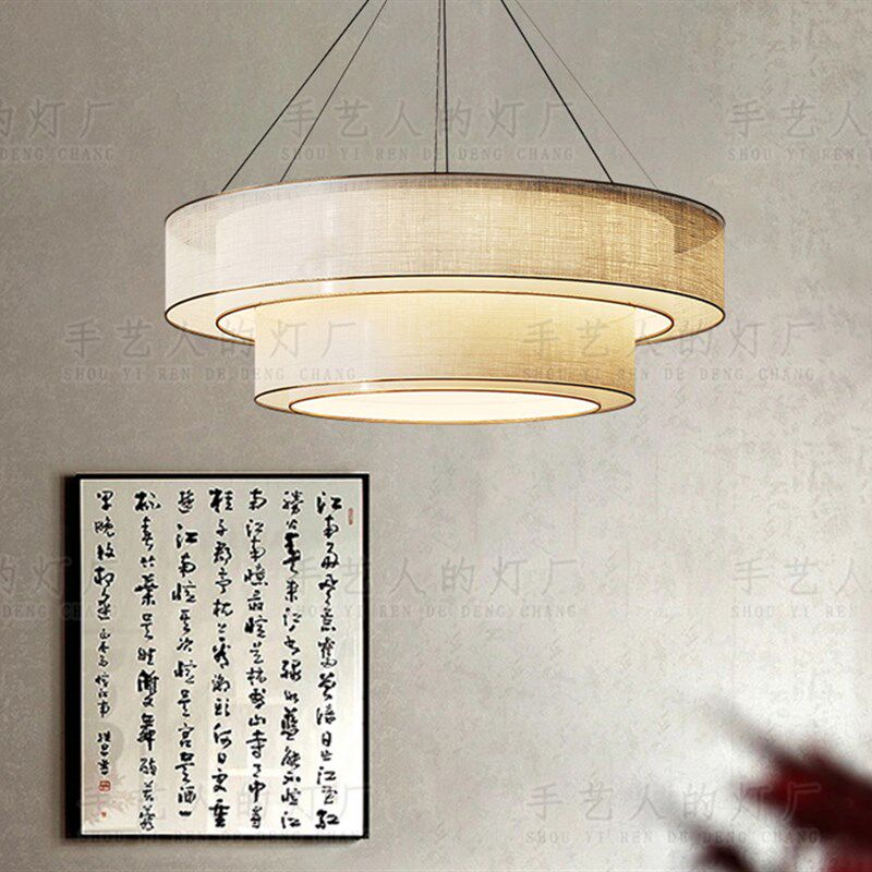 新中式中国风新款餐厅客厅卧室圆形布艺吊灯餐饮茶室禅意吧台灯具