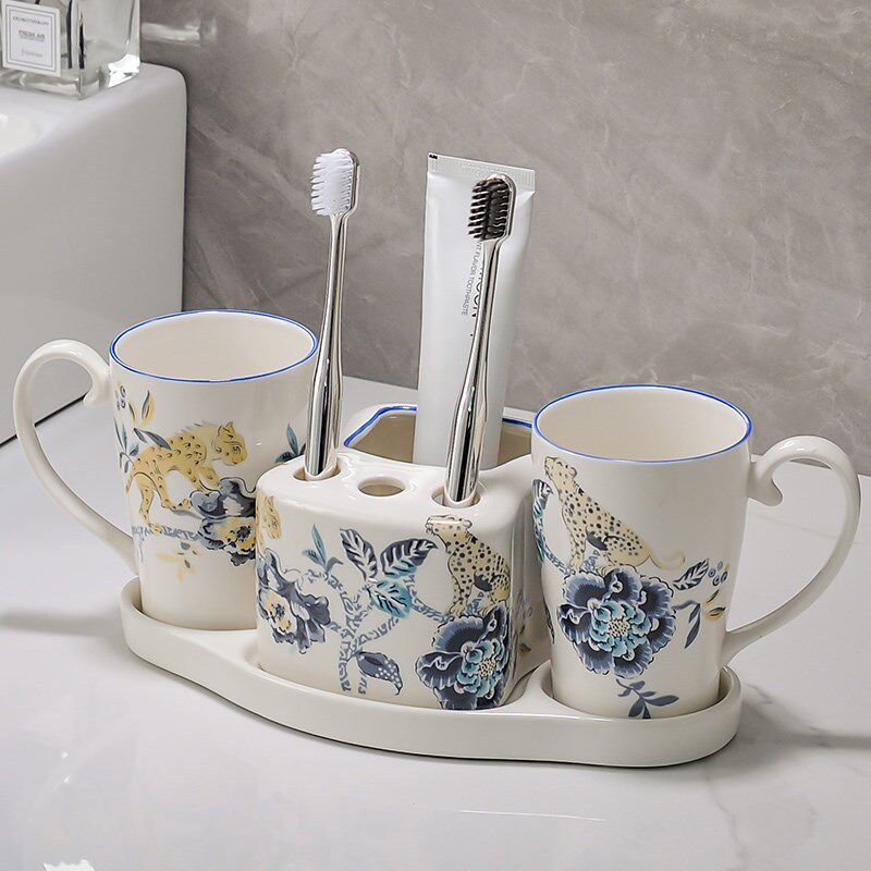 美式家用卫生间陶瓷漱口杯套装酒店民宿洗漱杯套件刷牙杯浴室牙具