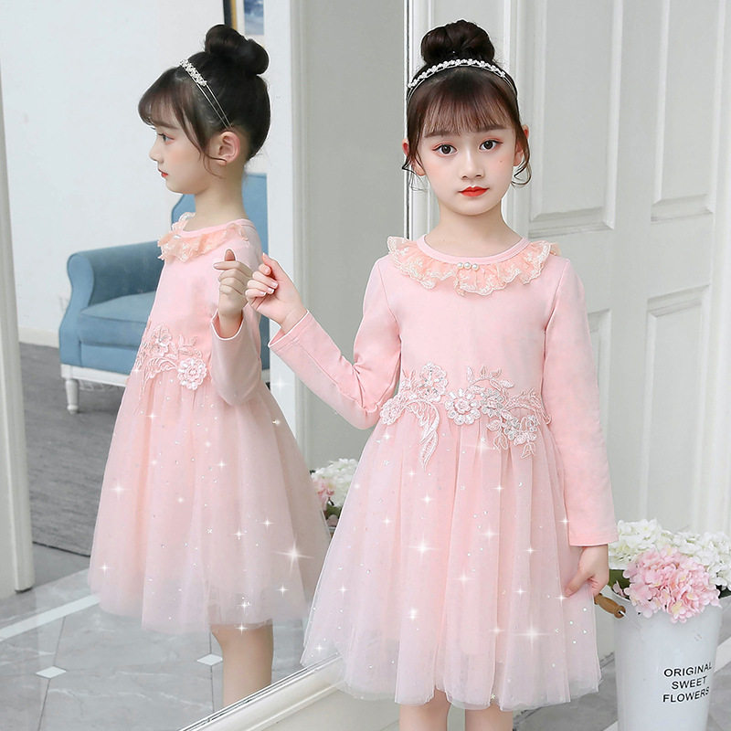 儿童秋装连衣裙小女孩长袖花边珍珠甜美礼服女童公主星星亮片纱裙