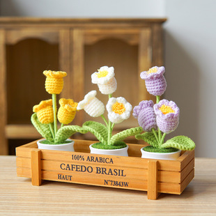 毛线花手工编织铃兰花盆栽成品勿忘我钩针假花办公室摆件老师礼物