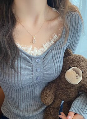 灰色假两件蕾丝打底衫女内搭2024秋冬季新款V领毛衣修身针织上衣