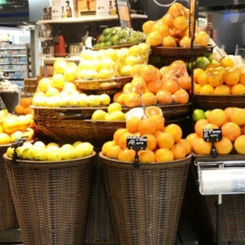 超市陈列水果筐收纳藤编蔬菜篮堆头篮托盘筐地堆圆形方形展示货架