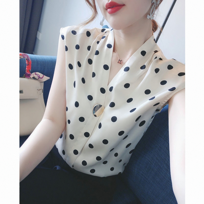 2021夏季新款法式波点雪纺衫无袖女宽松显瘦上衣洋气气质小衫衬衣