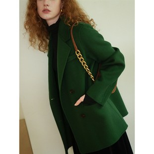 短款 式 双面呢羊毛大衣女秋冬毛呢外套 复古古着风绿色西装 徐莫西