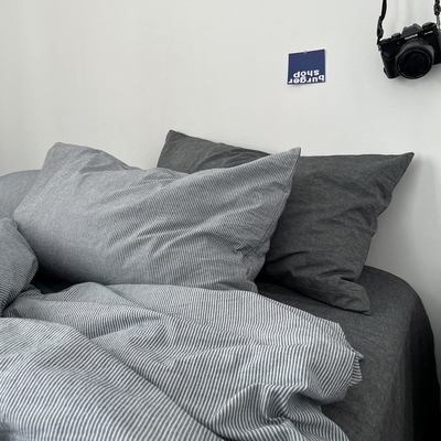 Mose摩西条纹水洗棉床上四件套全棉纯棉床单床笠款三件套男士简约