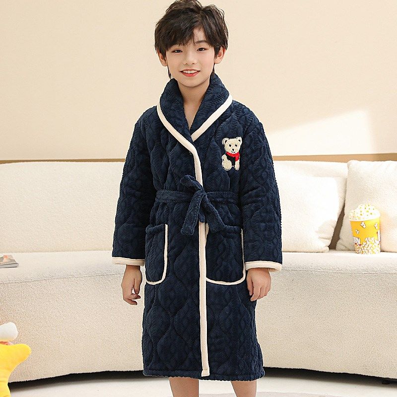 秋冬季儿童睡袍加绒加厚夹棉男童亲子法兰珊瑚绒浴袍加棉大码睡衣