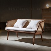 实木藤编沙发组合侘寂风中古创意小户型日式 客厅三人位藤椅沙发椅