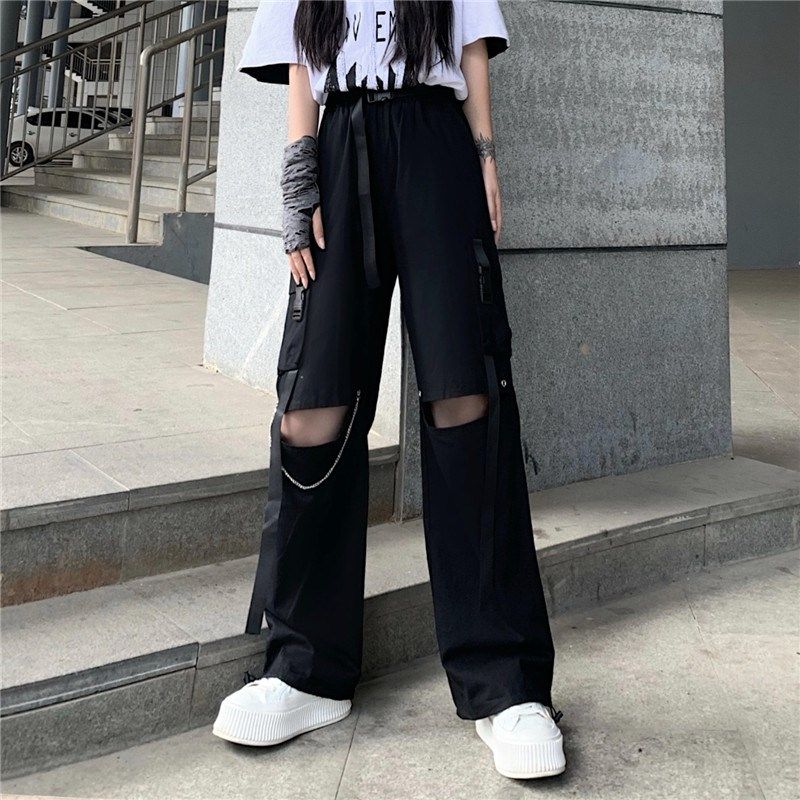 裤子女2024夏季bf风多口袋高腰破洞宽松阔腿可调节束脚飘带工装裤