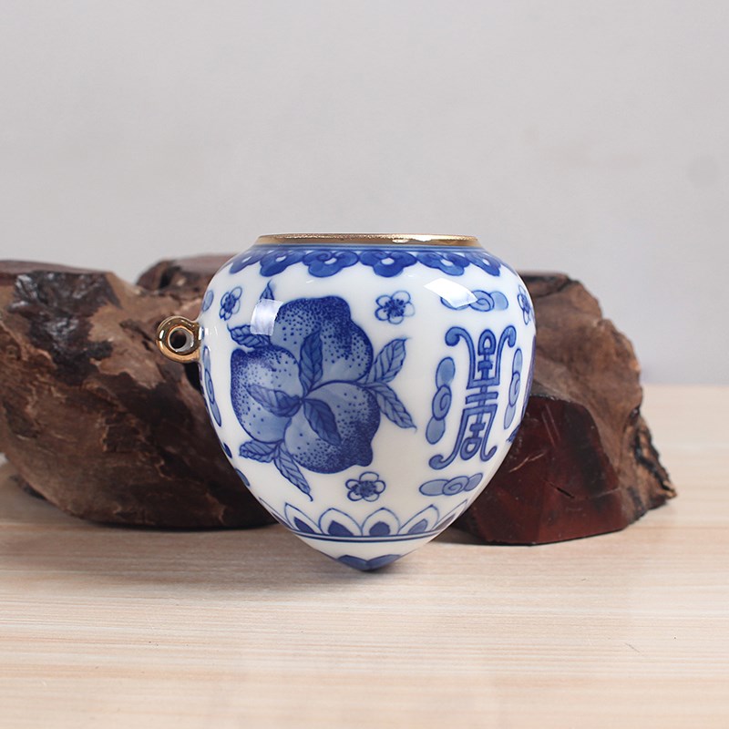 华胜堂 景德镇手绘青花寿桃鸟食罐大号画眉缸三件鸟杯 鸟笼配件