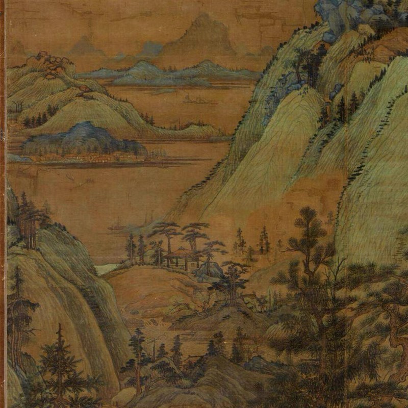 五代 董源 江堤晚景图 国画 山水风景玄关办公挂画 艺术微喷字画