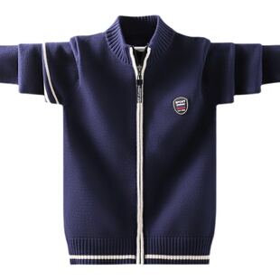 儿童针织开衫毛衣加绒加厚男童2023秋冬中大童拉链衫外套学院风潮