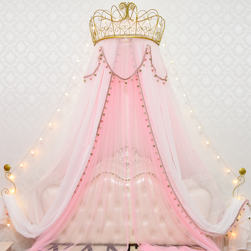 公主房间皇冠床帘床头圆顶吊顶床幔装饰纱帘珠帘幔子少女心纱幔