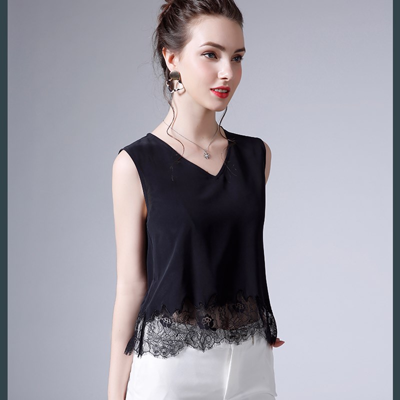 蕾丝背心女芙蓉缎内搭打底无袖上衣T恤吊带宽松V领优雅拼接可外穿