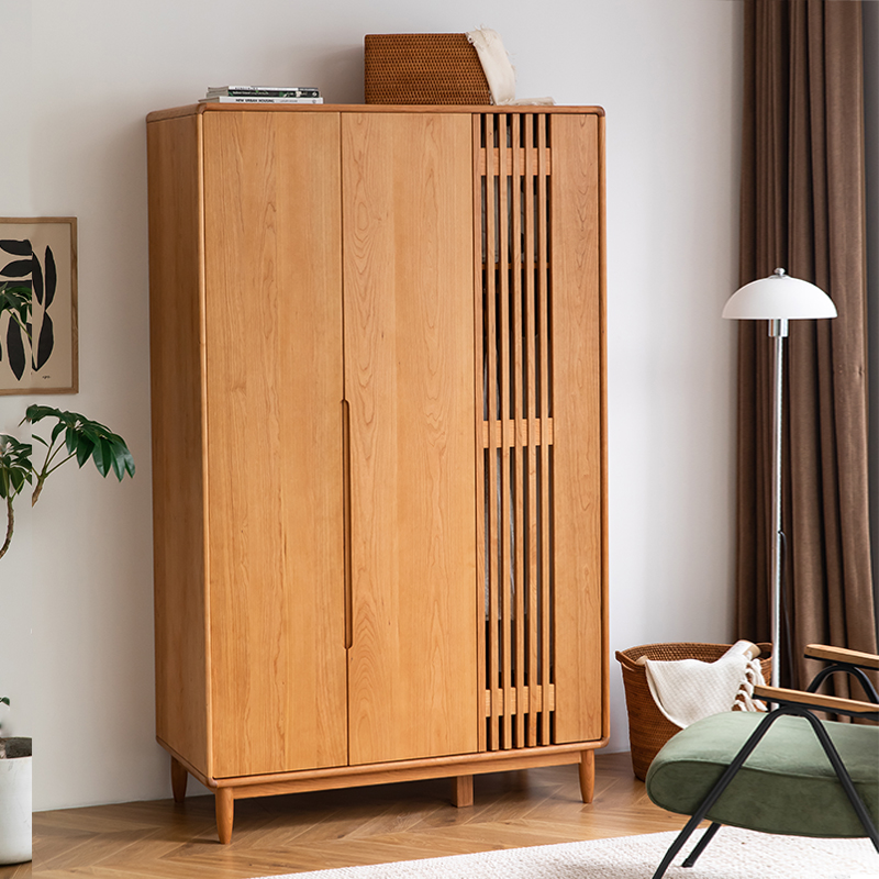 实木衣柜樱桃木家用卧室北欧小户型简易收纳柜日式格栅三开门衣橱