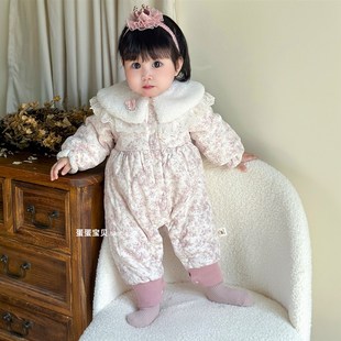 婴儿冬装加厚女宝宝连体衣服秋冬季外出夹棉服超萌一岁婴幼儿冬天