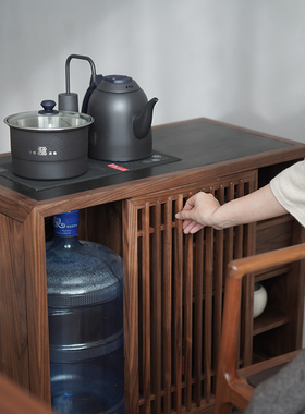 新中式储物茶水柜黑胡桃实木多格收纳一体烧水茶台茶桌边柜