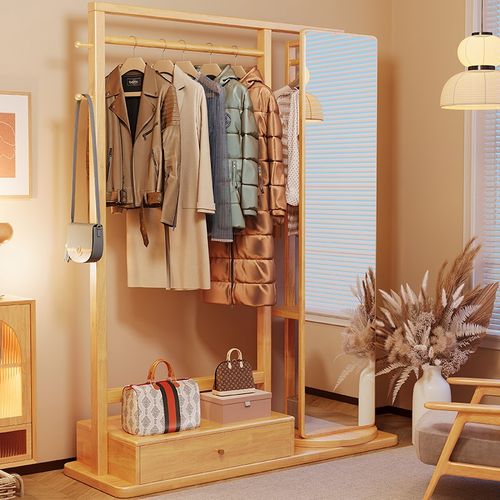 实木衣帽架卧室挂衣架家用带旋转穿衣镜床头简易可移动立式置物架