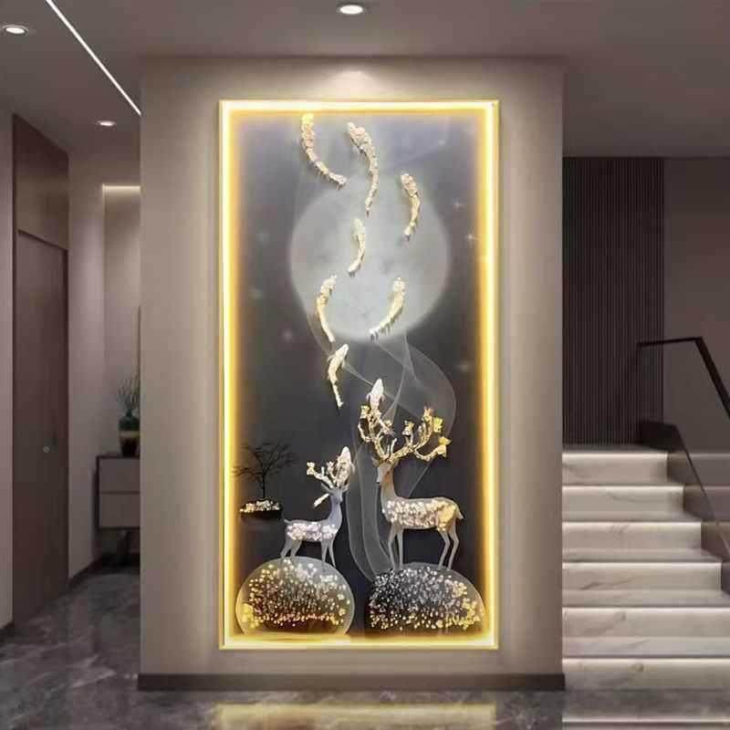 关带灯装玄饰画风字晶瓷镶钻LHS-09040ED景灯发光客厅福鹿福入户