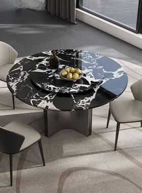 意式轻奢黑天然大理石圆餐合大椅组现代71628简桌约小户型圆形桌