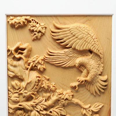 12.10-0崖柏木雕式雄鹰装万饰画鹏程里鹏展翅办公室玄关中挂画大