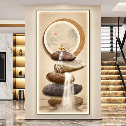 流水生财玄关装饰画走廊过道轻奢LED灯画客厅正对门挂画发光壁画