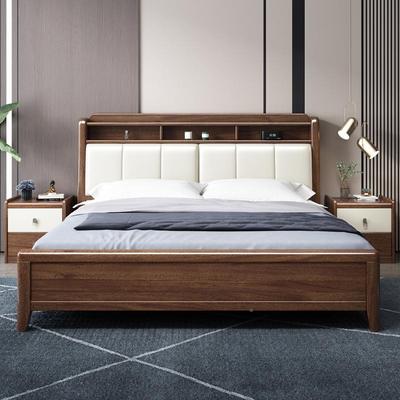 实式木1.8米双人床现代简约胡桃木靠中床1.5米YJK主床卧轻奢家用