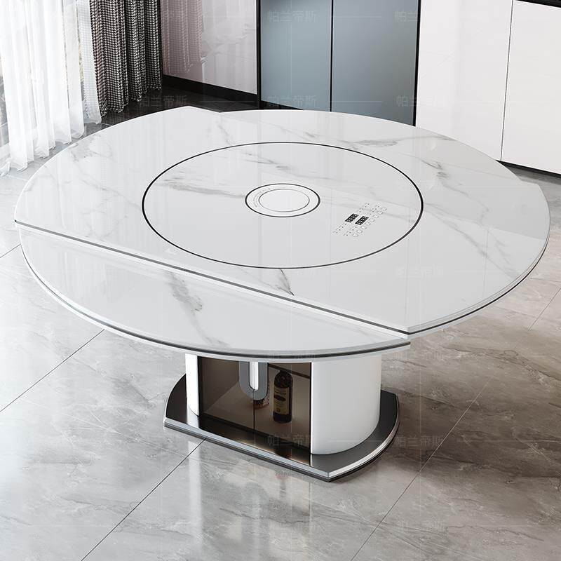 岩板圆形旋转桌缩多功能可伸餐家桌带电磁炉餐暖菜转盘985用餐桌