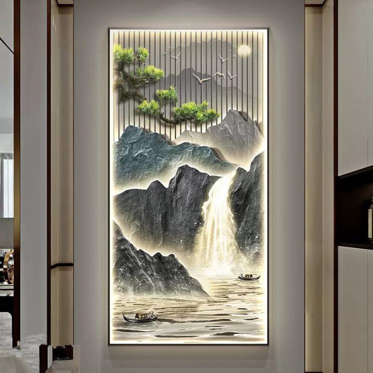 山流水装玄关饰画入门走廊过道挂画新中流水生财式山水竖版客厅高