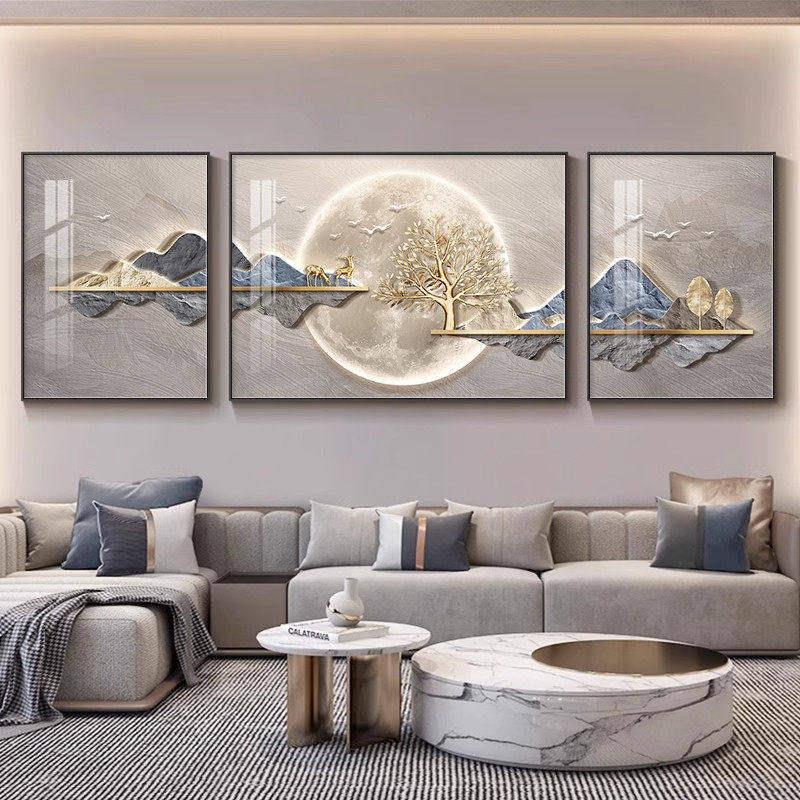 现代轻奢客厅装饰画2026新款沙发背景墙上壁画高级感三联挂画福禄