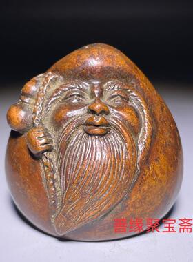 仿古实心合金铜寿桃老寿星仙桃摆件文房镇纸压纸茶道茶桌祝寿摆件