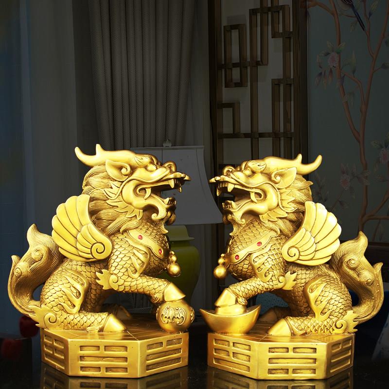 纯黄铜踩八卦麒麟摆件 中式家居吉祥装饰品 玄关客厅摆放手工动物