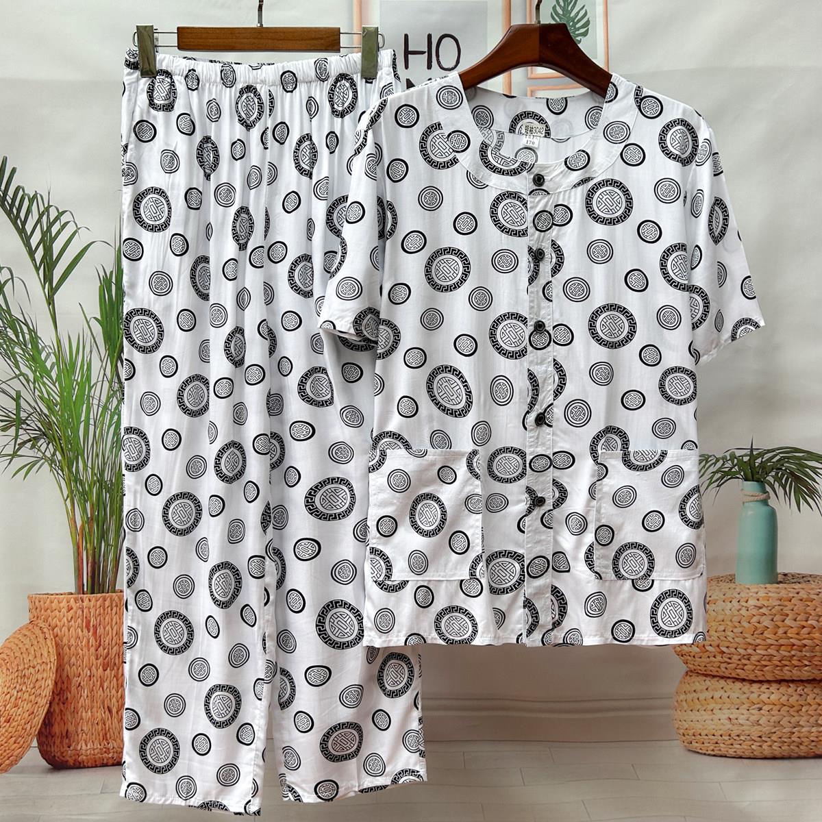 中老年棉绸睡衣裤套组男夏季薄款爸爸短袖家居服老人绵绸空调服套