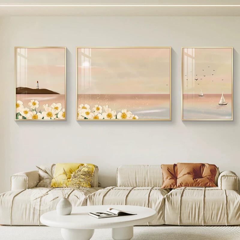 北欧风客厅装饰画唯美花海沙发背景墙挂画现代简约风景三联画壁画