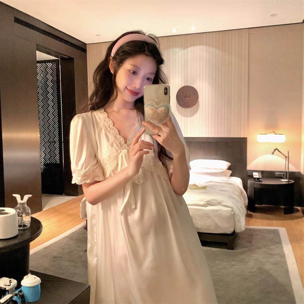 法式高级感冰丝V领花边睡裙女夏公主风蝴蝶结家居服短袖睡衣长裙