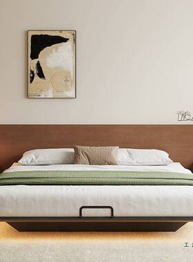 黑色无床头实木储物床小户型主卧齐边高箱双人床现代简约无靠背