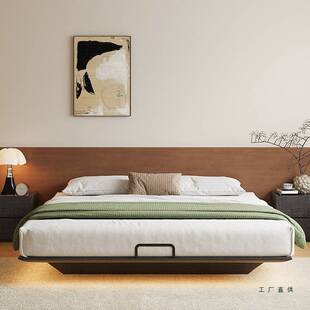 黑色无床头实木储物床小户型主卧齐边高箱双人床现代简约无靠背