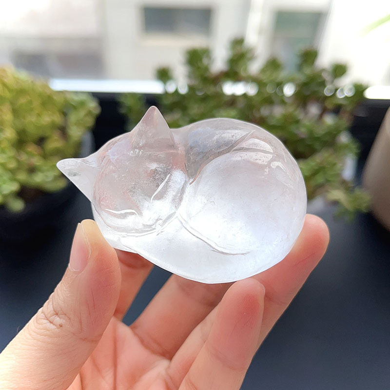 天然白水晶粉晶小猫水晶原石打磨睡猫摆件做工好造型可爱水晶饰品