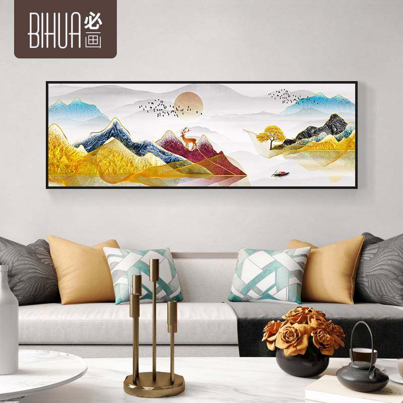 新中式山水画客厅壁画抽象装饰画卧室挂画床头画福禄麋鹿中式画