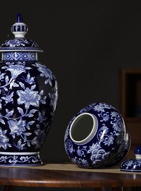 蓝陶底青花瓷瓷花瓶水件培大鲜花摆落地OZB储物罐摆件