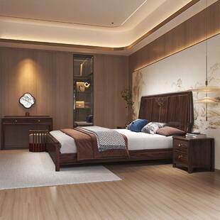 乌金木新中式实木床1.8M双人卧室婚床现代简约气压高箱储物实木床