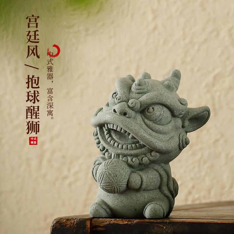 精青砂石绣球舞狮招财面茶宠摆沉件中式麒OKO麟品水鱼桌缸造景装