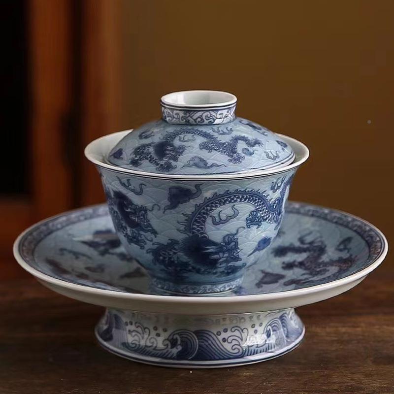 仿古陶瓷复古碗风中式工青花瓷三才盖手坯喝茶碗宫廷风清仿老笑容