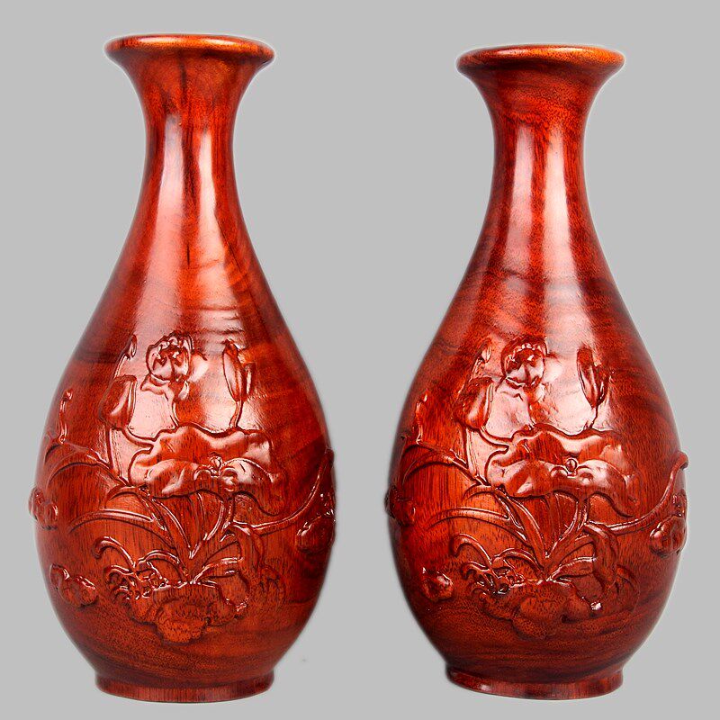 东阳木雕装饰圆形花瓶客厅家居中式花瓶雕刻荷花工艺品实木瓶摆件