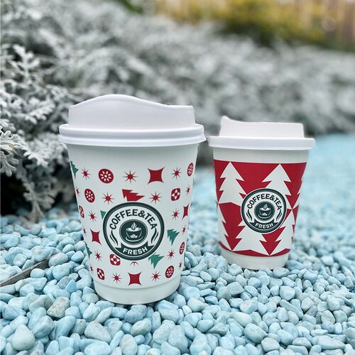 一次性咖啡纸杯子红色2024龙年新年外带奶茶热饮打包带盖家用定制