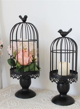 黑色婚庆摆件套二铁艺鸟笼多肉花盆可放花盆可挂挂式烛台饰品装饰