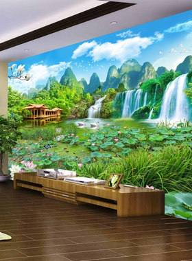 3D大型壁画客厅电视背景墙沙发壁纸中式8D山水国画风景墙纸无缝画